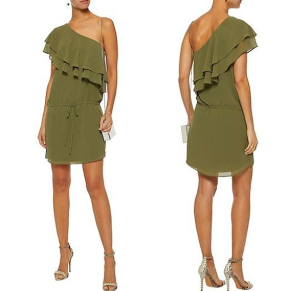 Haute Hippie Asymmetric Ruffle One-Shoulder Mini Dress Green Women's Size Small - Picture 1 of 5